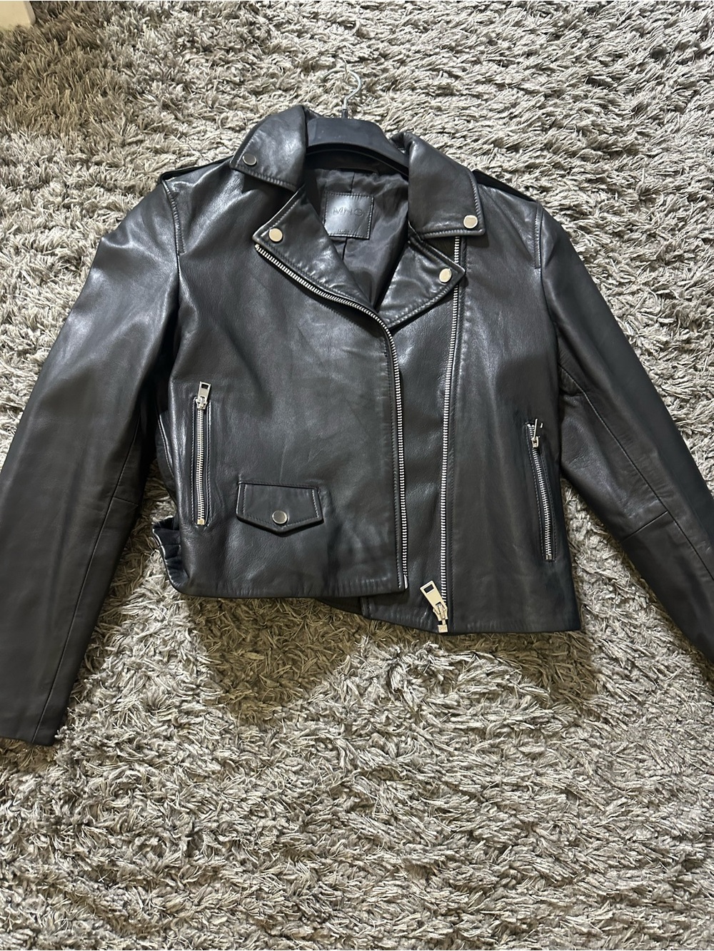 Mango Black Leather Asymmetrical Moto Jacket